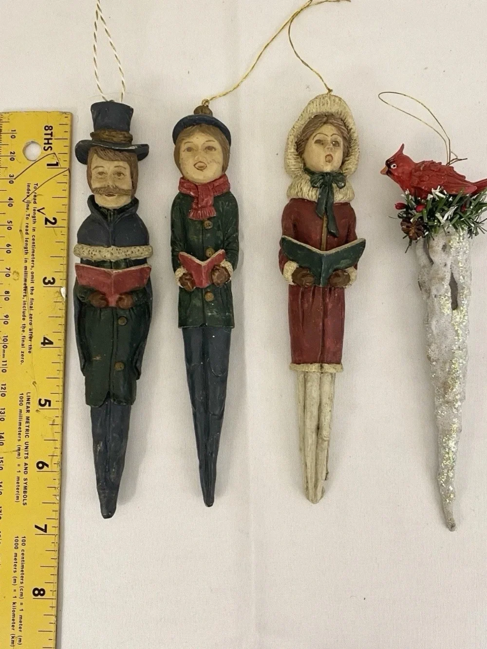 Vintage Style Christmas Icicle Ornaments Choir Carolers Red Cardinal Set of 4